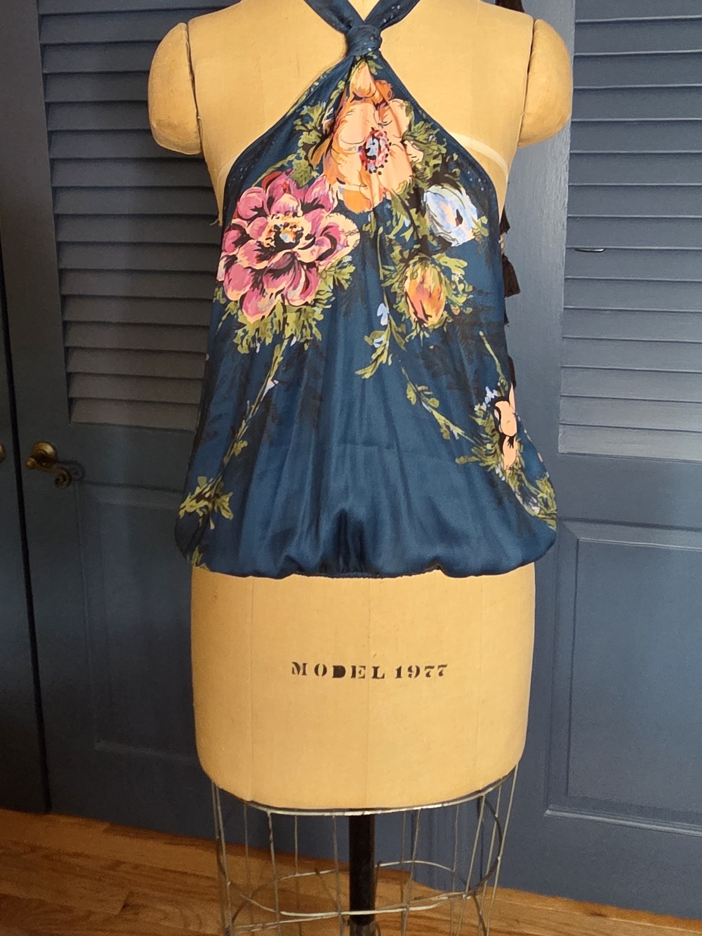 Free People "Eyes On You" Floral Halter Neck Bubble Hem Top Teal Navy L